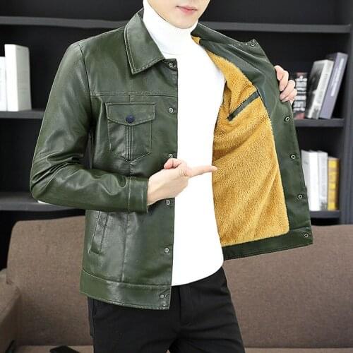 2021 mens new autumn lapel leather jacket, youth self-cultivation, handsome plus velvet casual leather leather jacket