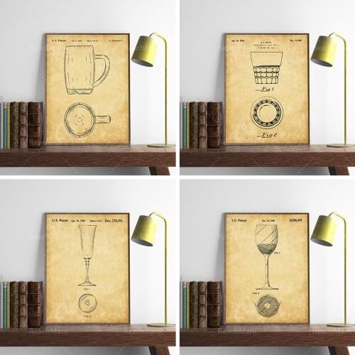 4-piece beverage glass set, beer glass, whisky art, wine glass, champagne glass patent, wall art, refreshing patent art, bar, re