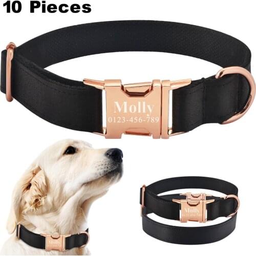 10 Pieces Personalized Dog Collar & Tag Black Fabric Free Engraved ID Name Small Large Pet Nylon Dog Collar Metal buckle Burable