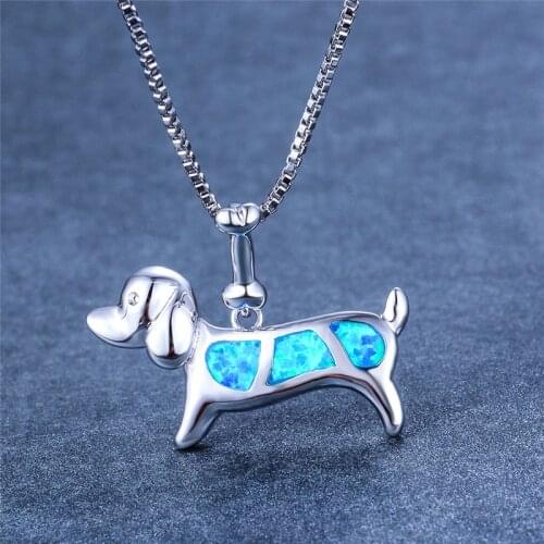 Boho Blue Opal Stone Necklace Female Cute Small Dog Pendant Necklace Charm Silver Color Chain Necklaces For Women Animal Jewelry