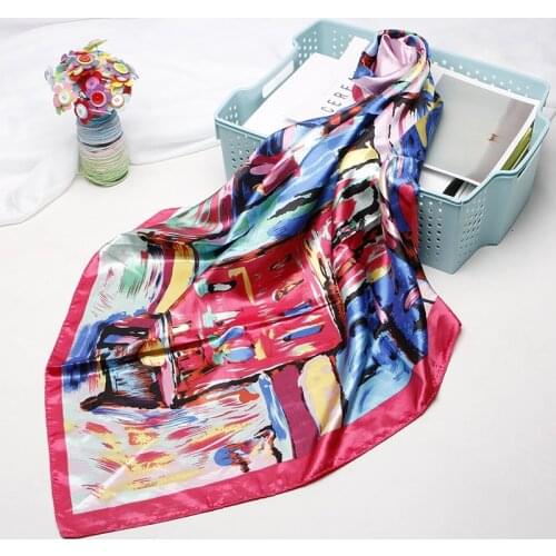 Fashion Print Silk Satin Hijab Scarf For Women Square Shawls Neckerchief Head Scarfs Female 90*90cm Headband Scarves For Ladies