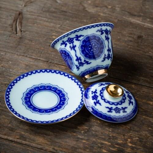 Blue and White Porcelain Cover Bowl Tea Cup Single Tea Preparation Ceramic Kung Fu Tea Set Tea Bowl Hand Grasping Teapot Gaiwan