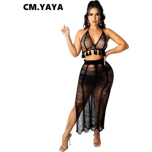 CM.YAYA Women Set Solid Hollow Out See-through Halter Tassel Crop Tops Splited Long Skirts Two Piece Sets Sexy Night Club Summer