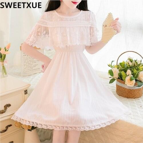 SWEETXUE 2020 Summer Lace Mesh Patchwork Embroidery Princess Dress Female Women White Cotton Party Fraiy Dress Elegant Vestidos