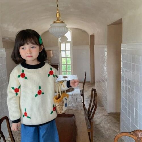 2021 Korea style girls boys floral knitted sweater autumn full sleeve fashion kids pullover sweater 1-7 years