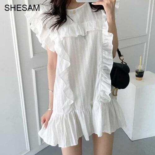 Women Clothes Korean Chic Summer Foreign Style Ruffle Stitching Round Neck Loose And Versatile Small Flying Sleeve Dress