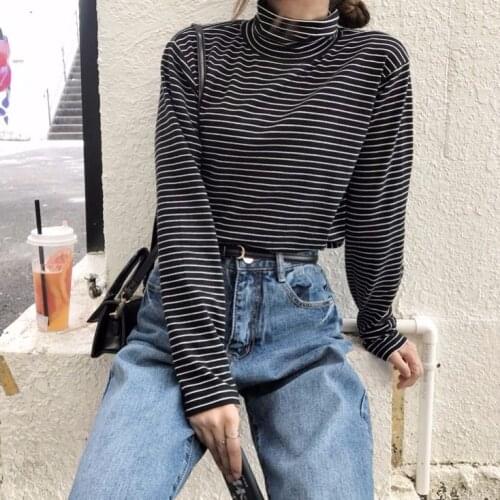Woman TShirts Striped Turtleneck Female Fall/Winter Slim Upper Clothes Long Sleeves T-shirt Crop Top Mujer Camisetas