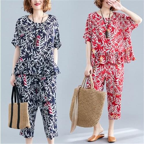 2021 Summer Fashion New Plus Size Women Clothing Ruffled Top + Wide Leg Pants Two-Piece Printed Cotton And Linen Suit Trend H104