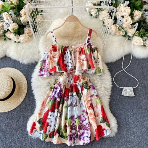 Menahem 2021 Summer Runway Floral Printed Short Dress Women Off The Shoulder Cloak Sleeve Beach Holiday Strapghetti Strap Dress