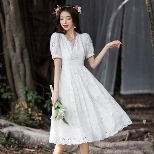 2021 Spring Summer V Neck Dress for Women 3XL White Black Lace Elegant Mid-length Dress Female Hollow Out Thin Sweet Dresses