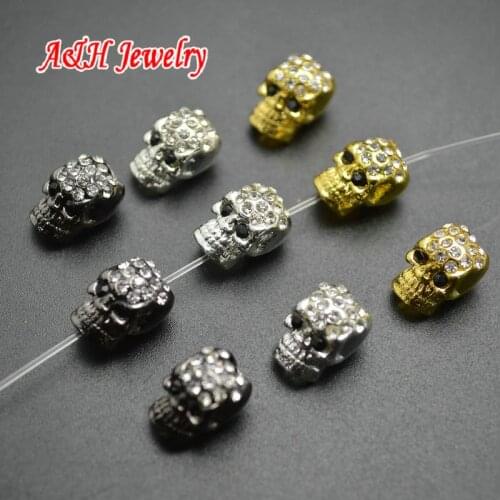 20pcs Rhinestone Inset Skull Beads Diy Finding Charms Gun Black Gold Silver Color Plated Vertical Core