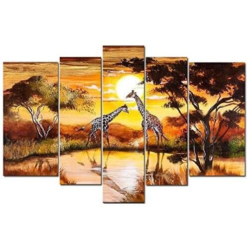 Unframed 5 Panel Handpainted Figures Golden Africa Abstract Modern Oil Painting Wall Art Picture For Living Room Unique Gift