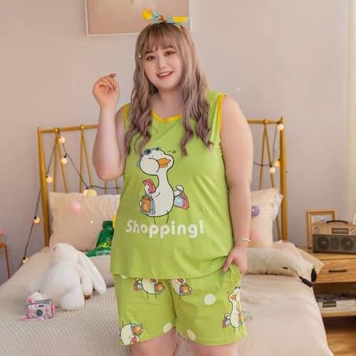 5XL super large size summer womens fat girl plus size pajamas cartoon waistcoat vest shorts loose home service suit 100 kg
