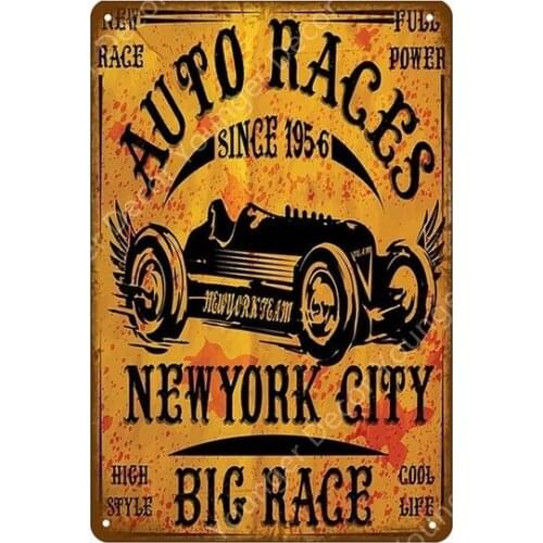 Auto Races New York City Metal Plate Car Tin Sign Vintage Poster Wall Art Painting Decorative Plaque Bar Pub Garage Decor YI-182