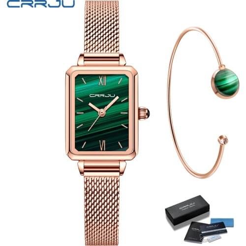 Women Green Watches CRRJU Fashion Casual Ladies Daily Dress Mesh Wristwatch Minimalist Popular Waterproof Quartz reloj mujer