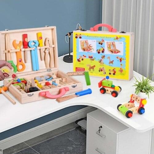 Children Wooden Toolbox Kit Simulation DIY Repair Tool Set Boys Play House Toy BX0D