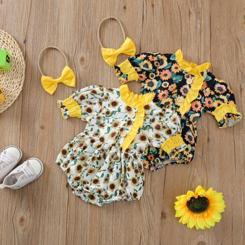 Kids Jumpsuit with Headband, Girls Ruffled Round Neck Short Sleeve Sunflower Romper+ Solid Color Hair Band For Summer