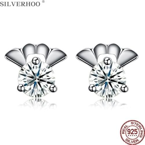 SILVERHOO 925 Sterling Silver Shiny Cubic Zirconia Women Earrings Fan Shape Stud Earring Fine Jewelry Birthday For Girlfriend
