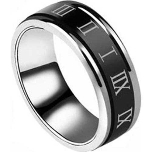 Wide 8mm Stainless Steel Wedding Ring Roman Number Black Cool Rotatable Punk Rings For Men Women Fashion Jewelry
