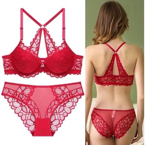 Victorian European and American French Beauty Back Bra Set Red Front Button Sexy Big Chest Gathering Underwear Bra Set Underwear