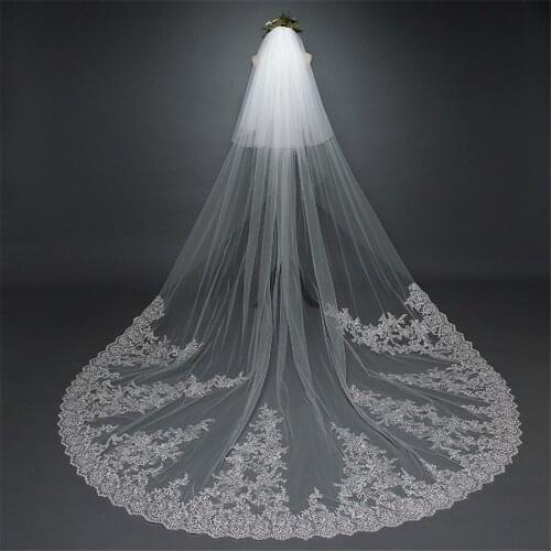 2021 New Sequins Lace Appliques 3.5M Long Bridal Wedding Veil With Face Veil Comb Cathedral Brides Headpiece Two Layers