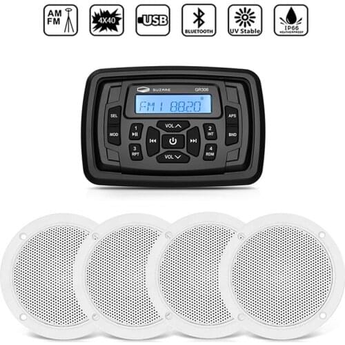 Marine Waterproof Radio Audio Boat Stereo Bluetooth Media Receiver FM AM Car MP3 Player+2Pair 4 inch Marine Speaker For RV Yacht