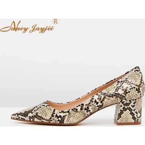 Brown Snake Print Pumps Block Heels Plus Size Ladies Shoes For Women Sexy Dress Party Pointed Toe Spring Summer 2019 Trendy