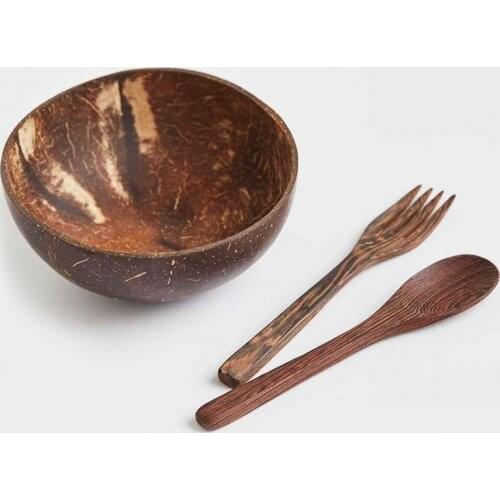 Natural Superior Coconut Bowl Spoons Forks Set 100% Hand-Made Eco Friendly Polished With Coconut Oil Biodegradable Bowl No Waste