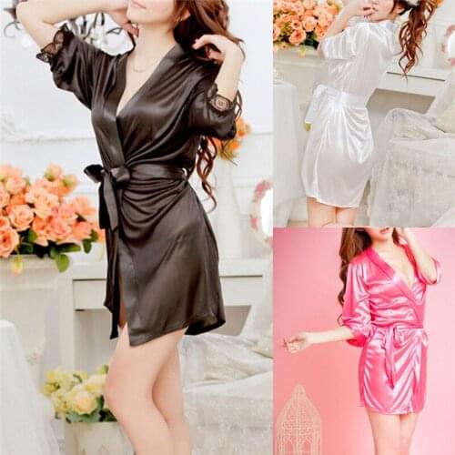 Night Robe Sleepwear Dress Nightdress Women V Neck Three Quarter Length Sleeve Satin Robe Black/Rose/White Sexy Homewear