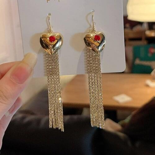 Origin Summer Korean Fashion Love Heart Dangle Earring for Women Bling Bling Rhinestone Long Tassel Metal Earring Jewelry