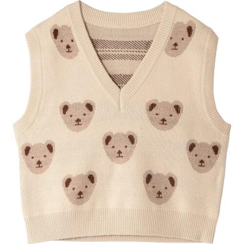 Casual Knitted Vests Women V-neck All-match Harajuku Simple Chic Bears Streetwear Vintage Student New Pullover Sweater