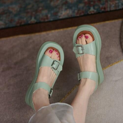 Platform Shoes Genuine Cow Leather Sandals For Women Shoes 2021 Summer Open-Toed Mid-Heel Women