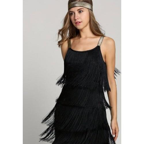 Sexy Tassel Strapless Slim Women Dress Black Chicago Flapper Tiered Fringe Fancy Dress Party Costume + Headband S-3XL