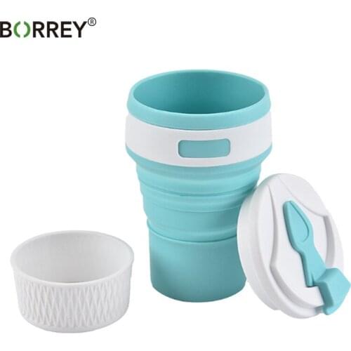 BORREY Collapsible Silicone Coffee Cup Mug Anti-scald Silicone Folding Cup With Lid Portable Outdoor Silicone Travel Coffee Cup