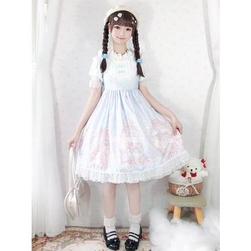 Vintage bowknot cute printing high waist princess sweet lolita strap dress victorian dress kawaii girl gothic lolita cos loli