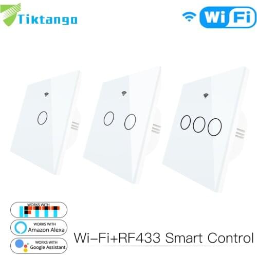 WiFi Smart Glass Panel Switch Tuya App Remote Control Work With Alexa Echo Google Home RF433 EU Type White Touch 1/2/3 Gang