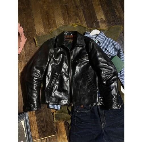 YR!Free shipping.Classic 1930 motor biker leather coat.quality tea core horsehide jacket.black heavy men leather clothes