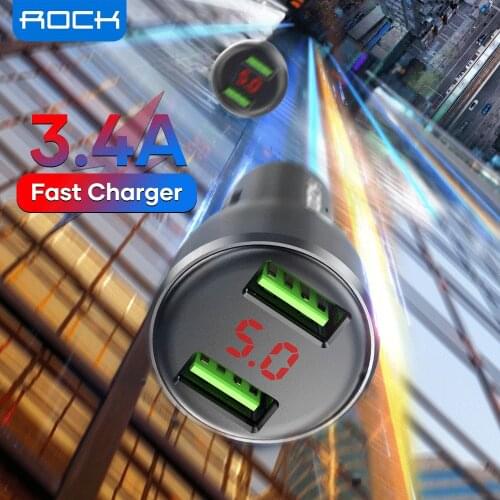 ROCK 3.4A LED Digital Display Car Charger Dual USB Fast Charging QC Phone Charger Adapter For iPhone 12 11 Pro Max Xiaomi Redmi