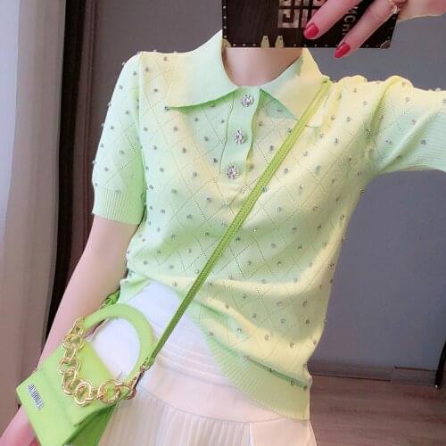 Crystal Beaded Polo Shirt Women 2021 Summer Tops Rhombus Hollow Out Beaded Short Sleeve Slim Thin Knit Shirts White/Black Tee