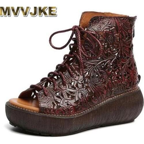 MVVJKE Retro Genuine Leather Roman Sandals Women High Top Summer Shoes Fish Mouth 2020 Summer Platform Ethnic Sandals Female
