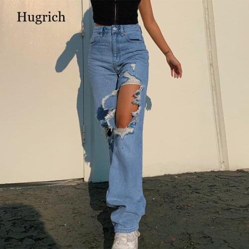 Ripped Straight Womens Jeans Baggy Vintage High Waist Y2K Pocket Denim Distressed Streetwear Casual Pants 2021 Female