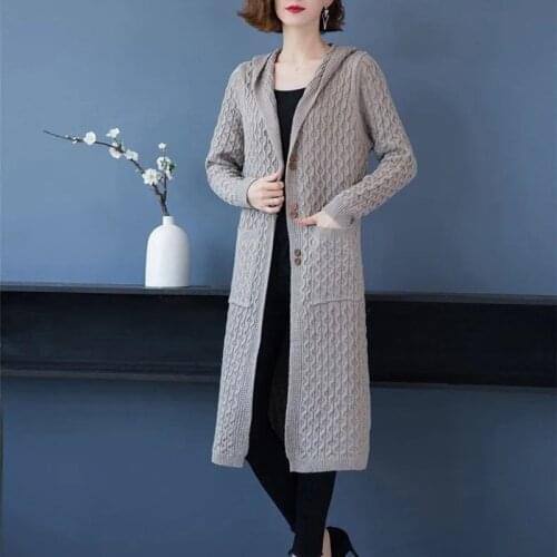 Women chic Fashion Long Knitted Coats Female Hooded Long Sleeve Sweater Cardigans Overcoats Casual Coat 2021 Spring Autumn