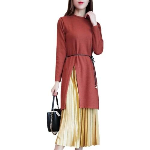 New Autumn Winter Plus Size Women Sets Vestidos Ms Skirts Two Pieces Knitted Sweater+Gold Velvet Pleated Skirt BottomingsWZ176