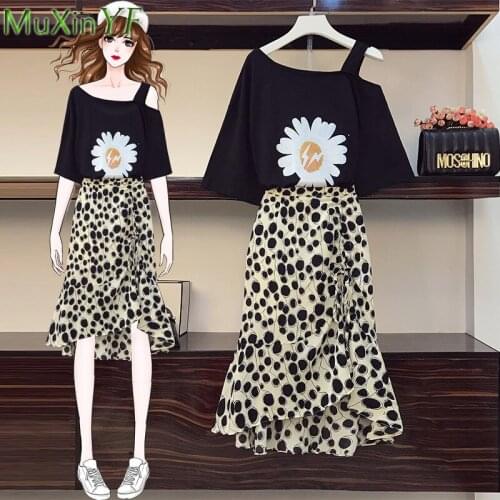Summer Dress Suit Women Sweet Little Daisy T-Shirt Blouse Skirt Two Piece 2021 New Plus Size Chiffon Dresses Set Female Clothes