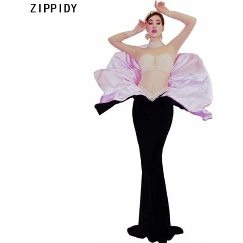 New Style Pearls Transparent Long Sleeves Dress Women Birthday Celebrate Long Dress Bar Dancer Show Outfit Dresses