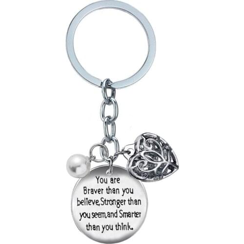 12PC/Lot Stainless Steel Youre Braver Than You Believed Hollow Heart Charm Keychain Keyring Inspirational Key Chains Key Rings