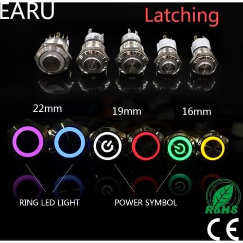 16mm 19mm 22mm High Head Metal Push Button Switch Waterproof LED Light 1NO 1NC Latching Fixation Locking Slef-lcok Power 5V 12V