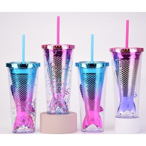 350ml Double Layer Coffee Cup Gradient Outdoor Portable Cup With Cover Mermaid Tail Sequined Colorful Juice Straw Cup Mug