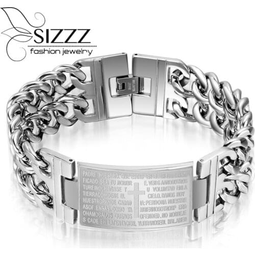 Long Bracelet & Bangle Men Jewelry Double Chain Spanish Scripture Stainless Steel Bracelets