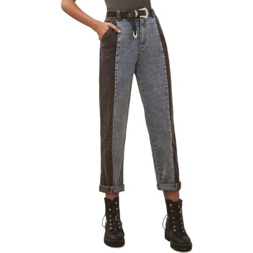 Patchwork Jeans Women Spring Autumn Fashion Contrast All-match Straight Leg Jeans Female Casual Loose High Waist Denim Trousers